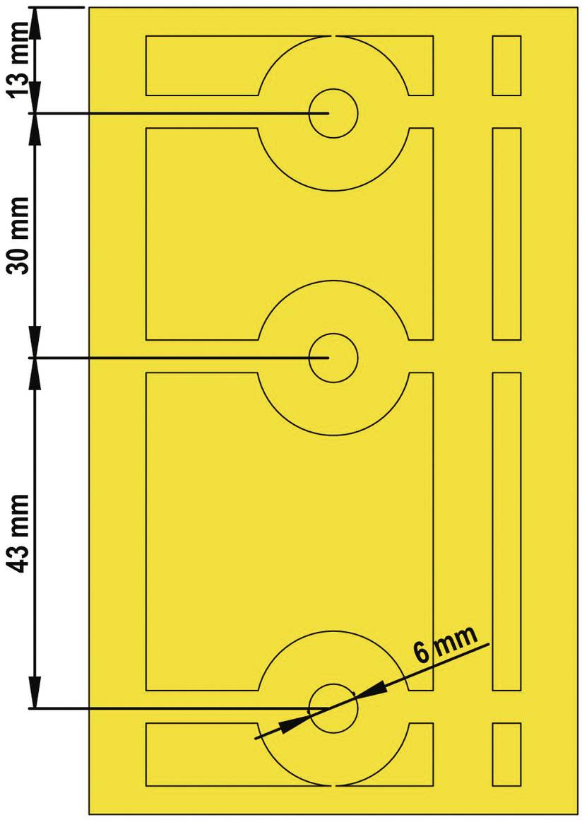 Žuti dizajnerski uzorak sa simetričnim krugovima i pravokutnicima; dimenzije: horizontalno 43 mm, vertikalno 30 mm, promjer kruga 13 mm, razmak 6 mm.