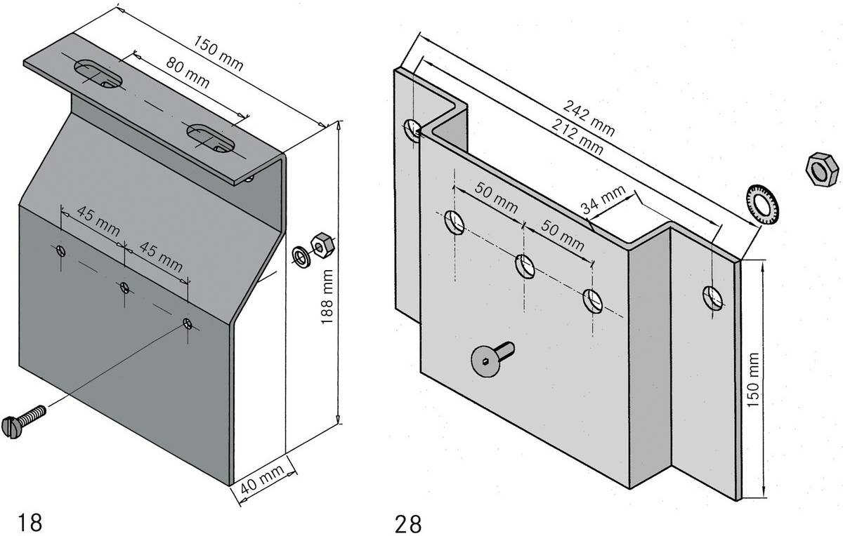 Tehnički nacrt metalnog kutnika s rupama za vijke i dimenzijama u mm. Sadrži prikaze iz dva kuta, sa strane i frontalno.