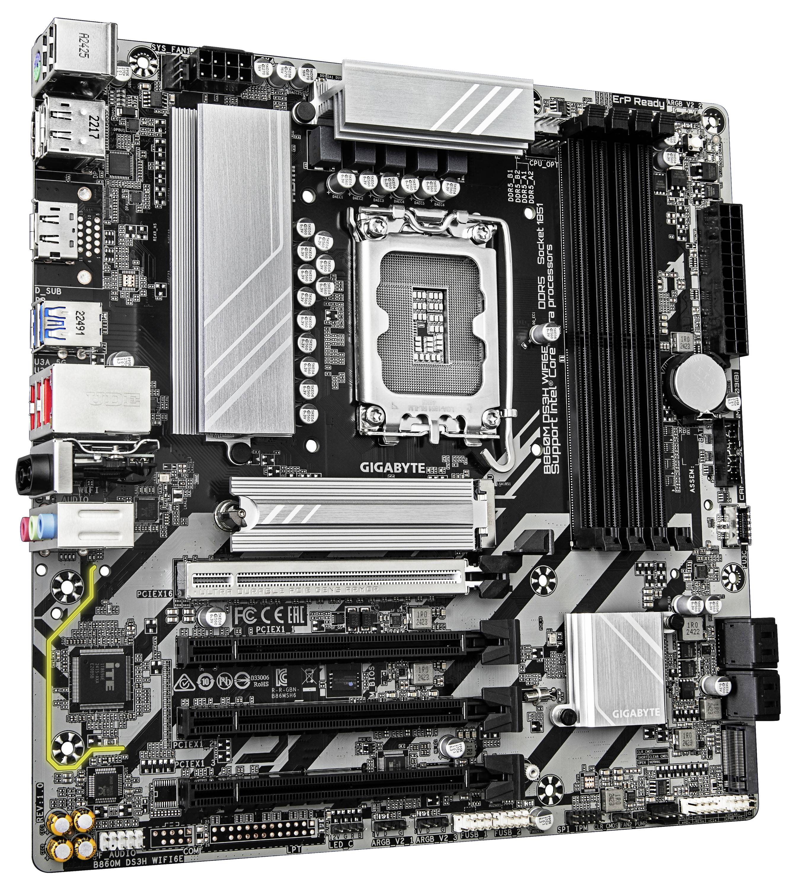 Računalna matična ploča s različitim vidljivim komponentama uključujući utore za RAM, utičnicu za CPU, PCI utore i različite priključke za portove.