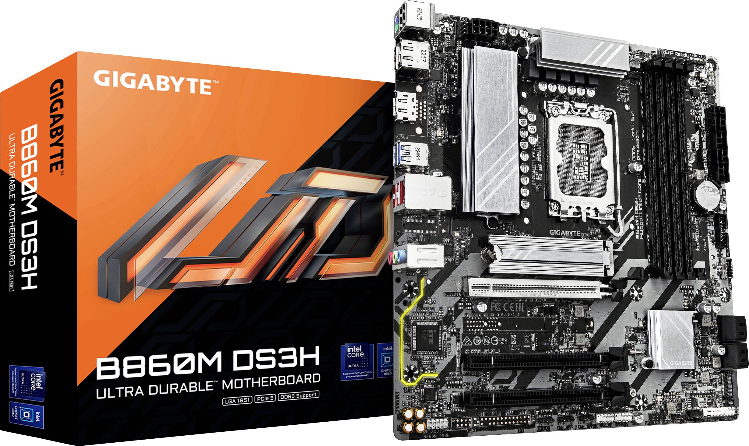 'GIGABYTE B860M DS3H Ultra Izdržljiva Matična Ploča' s kutijom koja prikazuje dizajn matične ploče i logo. Pogodno za PC sastavljanje.