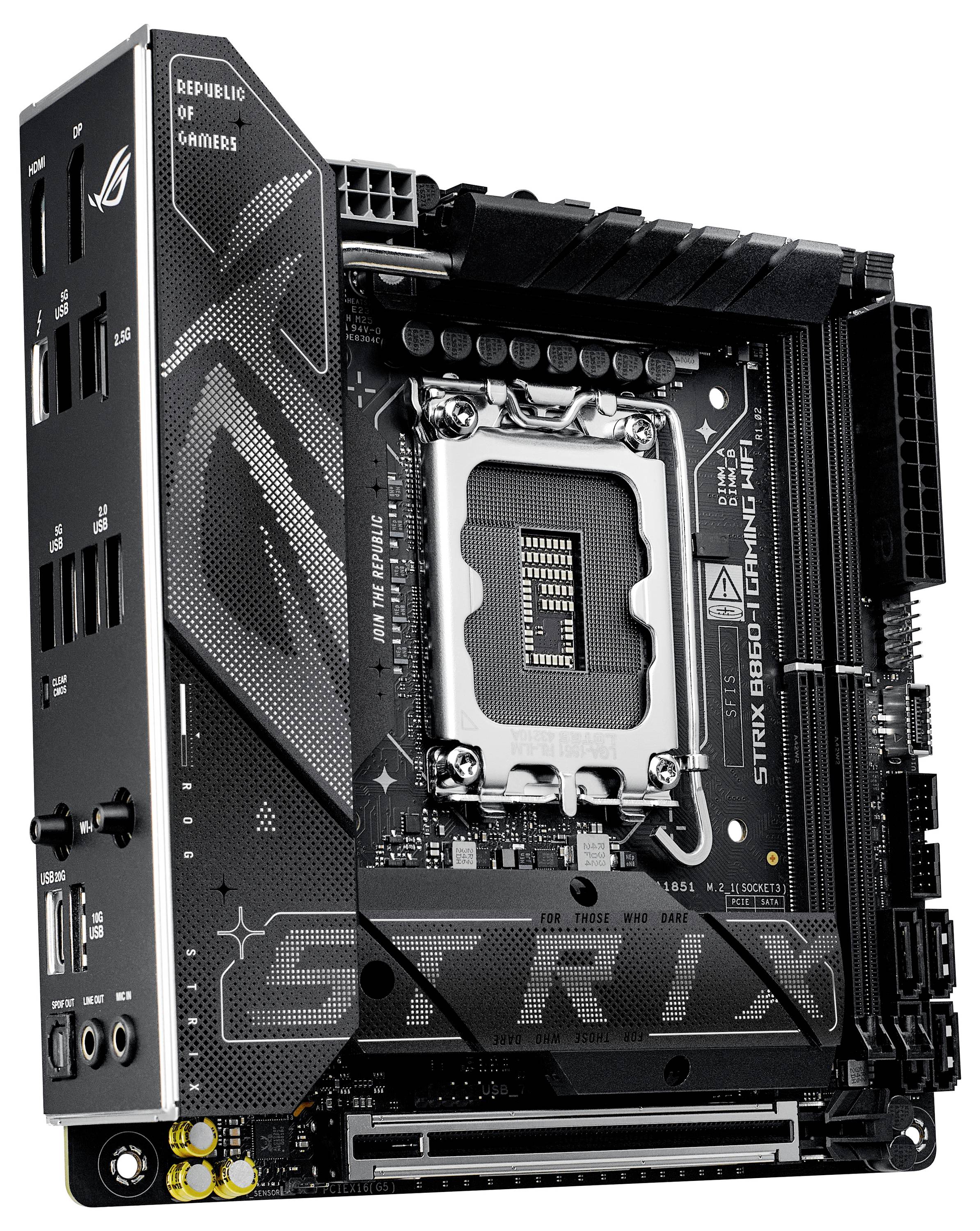 'ASUS ROG Strix B560-I Gaming WiFi' mini-ITX matična ploča, koja sadrži višestruke priključke i naglašenu grafiku, dizajnirana za igrače.