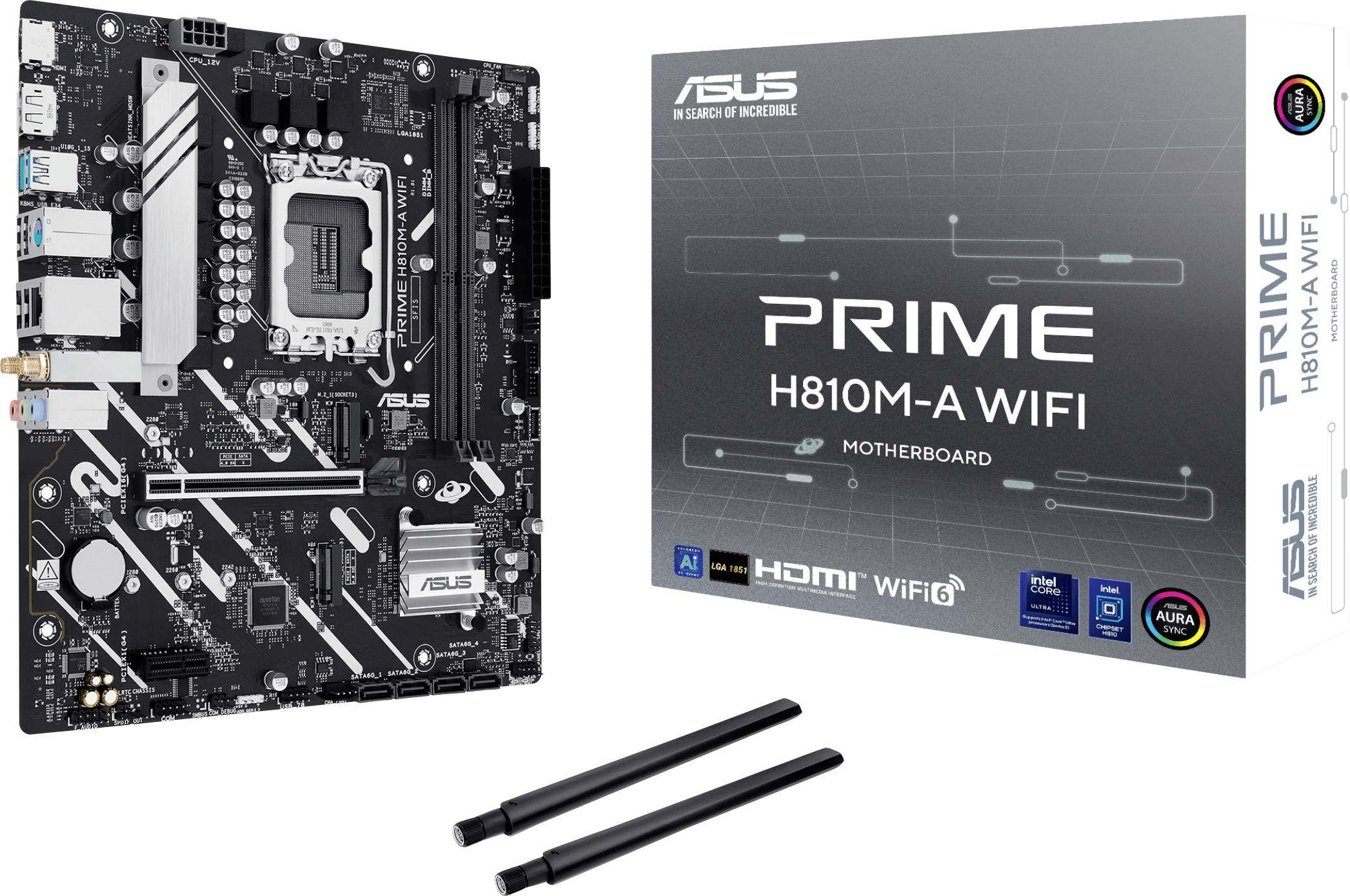 Matična ploča u kutiji označenoj 'ASUS PRIME H810M-A WIFI', koja ima WiFi mogućnost i HDMI priključak. Uključuje dvije antene.