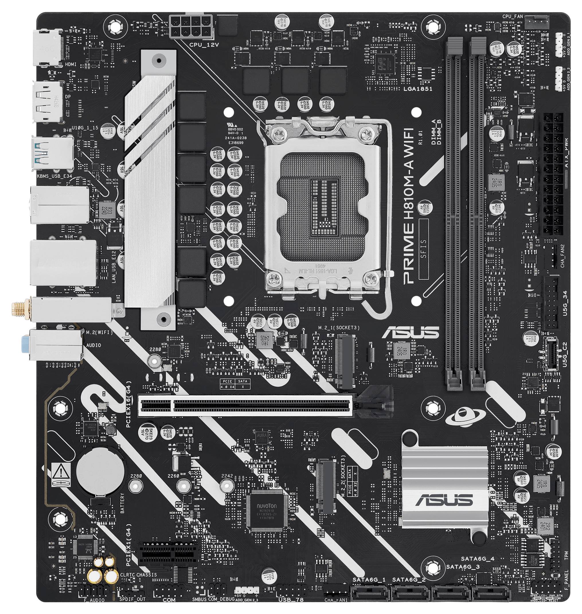 'ASUS PRIME H610M-A WIFI' matična ploča s različitim utorima, priključcima i komponentama za sastavljanje ili nadogradnju računala.