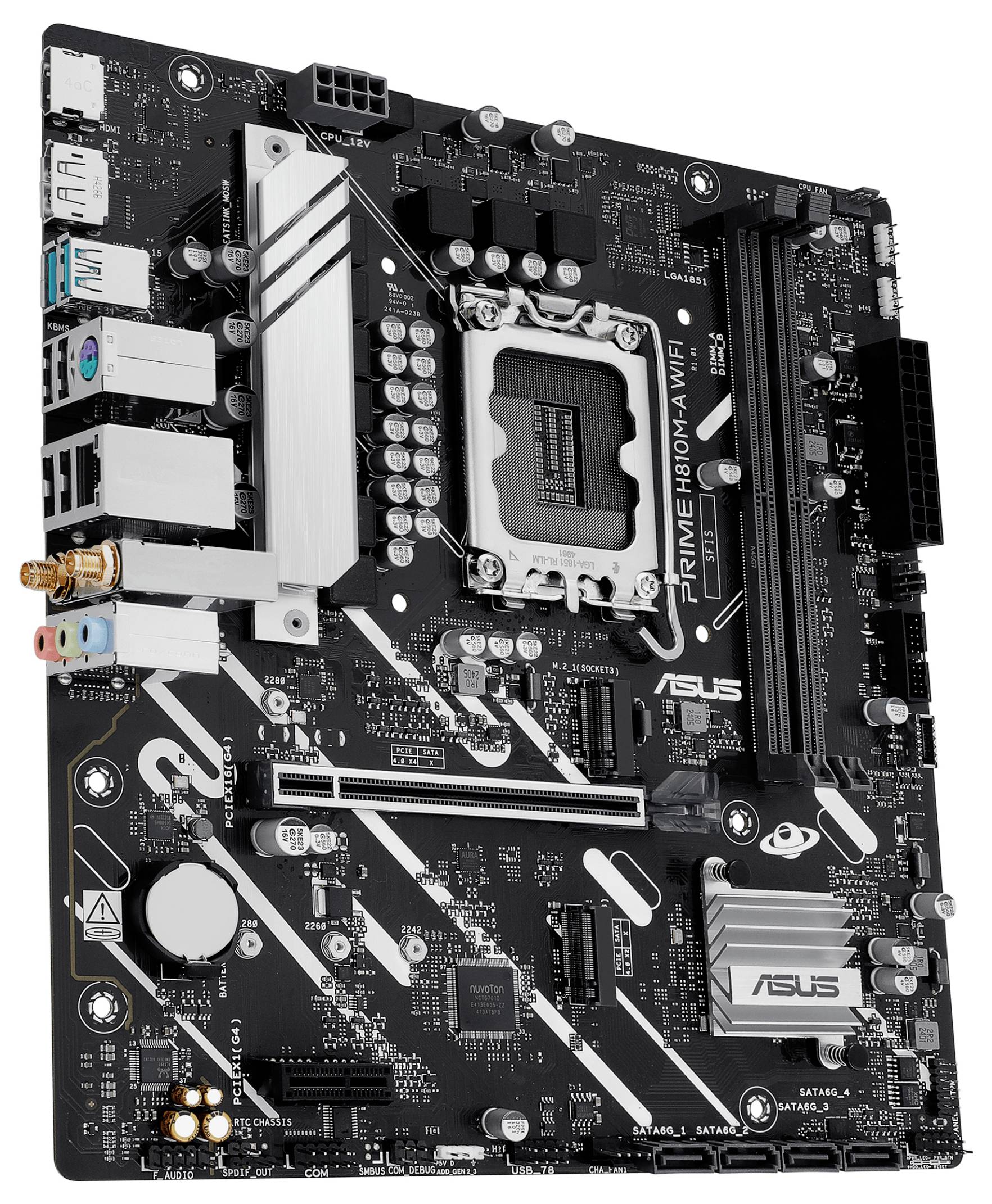 Crna i srebrna ASUS matična ploča koja sadrži više priključaka, utore za RAM, socket za CPU, s oznakom 'PRIME B560M-A WIFI' namijenjena sastavljanju računala.