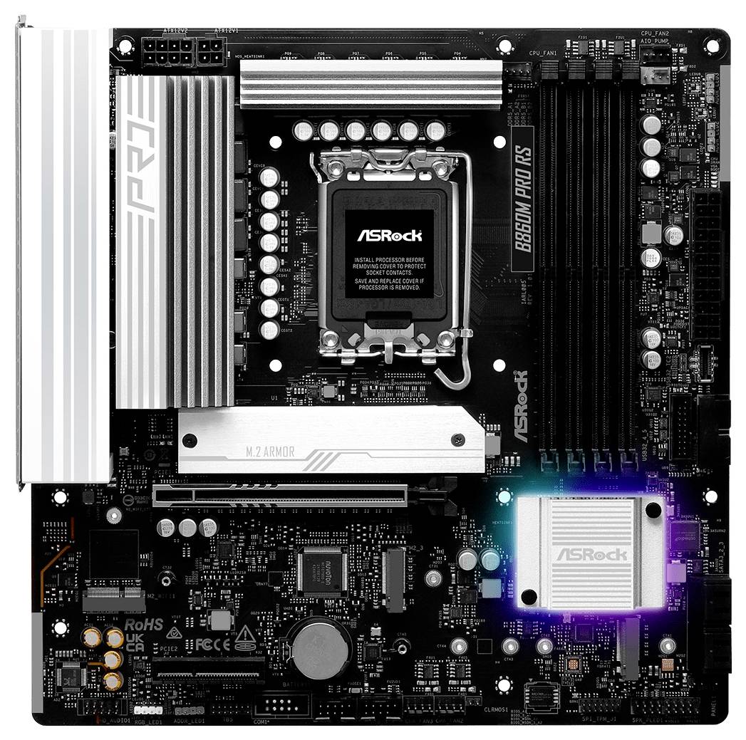 ASRock B660M Pro RS matična ploča prikazuje CPU socket, RAM utore, hladnjake i druge komponente, koristi se za sastavljanje ili nadogradnju računala.