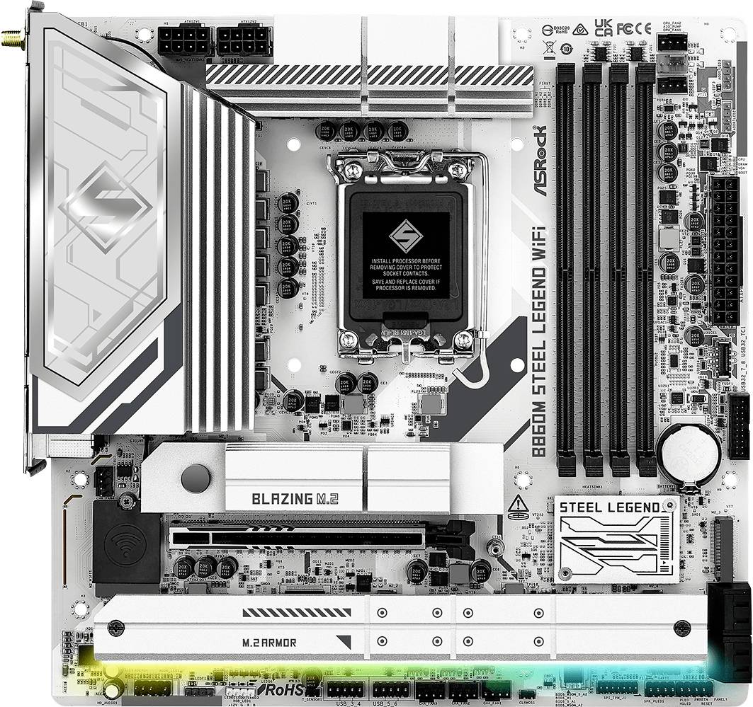 Računalna matična ploča s oznakom 'B560M Steel Legend WiFi', koja sadrži utore za RAM, podnožje za CPU i razne priključke za povezivanje.