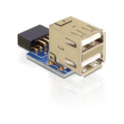 USB adapter s utičnicama i plavom pločicom. Adapter ima dva USB priključka i niz pinova za električne Connection.