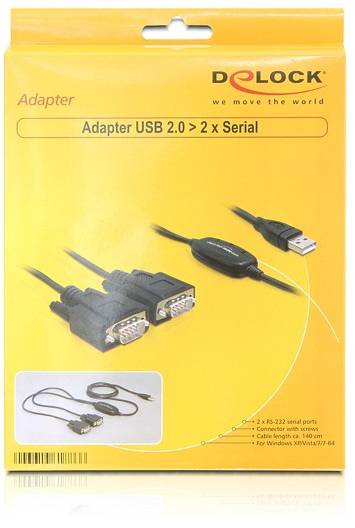 'Delock Adapter USB 2.0 na 2 x Serijski.' Žuta ambalaža s slikom adaptera i napomenama: '2 x RS-232,' 'Podržava Windows XP/Vista/7/8/64'.
