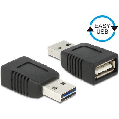 Dva crna USB adaptera, tip A, s logotipom 'EASY USB'. Jedan prikazuje utikač, drugi utičnicu. Pogodni za USB kabelske spojeve.