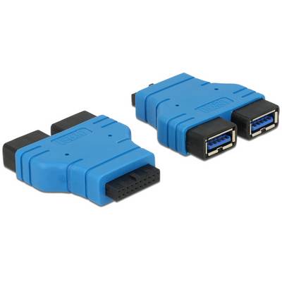 Plavi USB 3.0 Y-adapter s jednom 19-pinskom utičnicom i dva USB-A porta, pogodan za matične ploče s USB tehnologijom.