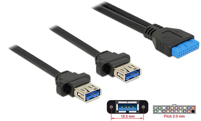 USB 3.0 utičnica do 19-pinskog headerskog adaptera prikazuje tri kabela s USB 3.0 priključcima i plavim header priključkom.