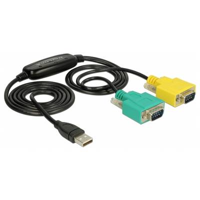 USB adapter kabel za dvostruki VGA priključak s crnim, zelenim i žutim priključcima. Povezan s računalima za paralelni prikaz zaslona.