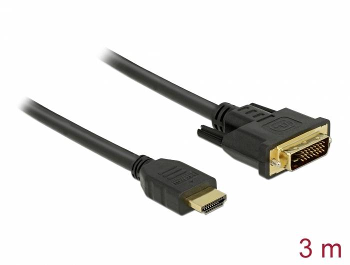 Crni kabel s HDMI utikačem s lijeve strane i DVI utikačem s desne strane. Duljina kabela: 3 metra.