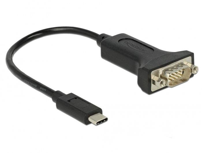 Crni USB-C na VGA adapter kabel s konektorima na oba kraja, pogodan za spajanje starijih zaslona na moderne uređaje.