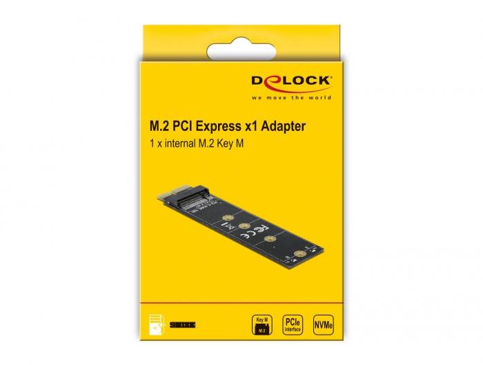 Žuti karton adaptera M.2 PCI Express x1 tvrtke DELOCK s tehničkim tekstom i slikom proizvoda na prednjoj strani.