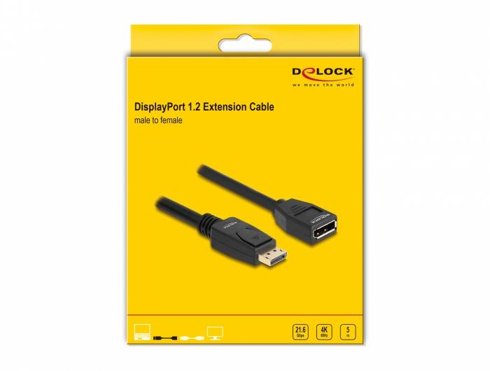 DisplayPort 1.2 produžni kabel muško-ženski na žutoj ambalaži. Prikazuje utikač i utičnicu, pogodan za 4K, HDMI i audio.