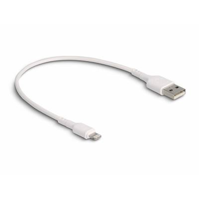 Bijeli USB kabel s jednim standardnim USB utikačem na jednom kraju i Lightning priključkom na drugom kraju.