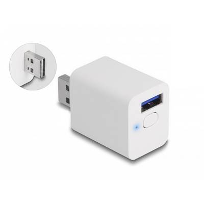 Bijeli USB stick s plavom LED indikacijom i dodatnim malim USB utikačem koji je na slici prikazan uvećan.