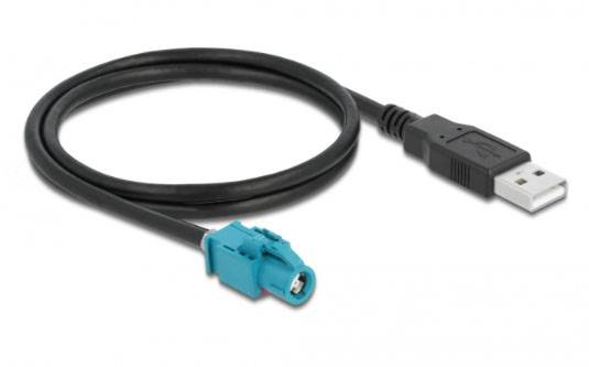 USB kabel s pravokutnim USB utikačem na jednoj strani i plavim Fakra utikačem na drugoj strani.