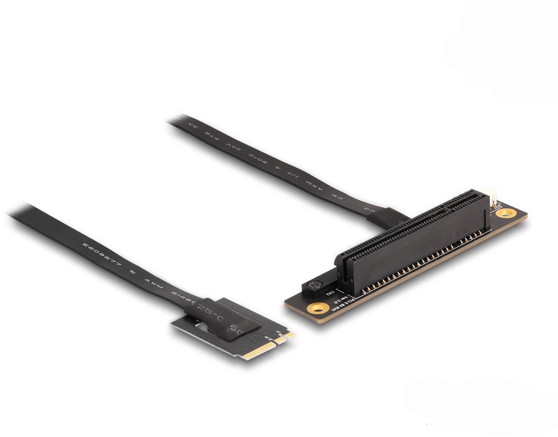 Delock M.2 Key A+E to PCIe x8 NVMe Adapter angled with 20 cm cable