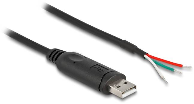 Odvojeni USB kabel s crnim plastičnim ovojem; četiri gola žica u crvenom, bijelom, zelenom i crnom na odvojenom kraju.