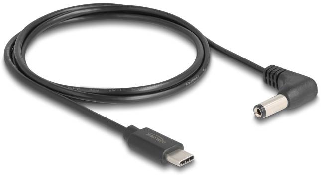 USB-C do DC adapter kabel koji se koristi za prijenos energije između uređaja. Lijevo USB-C utikač, desno DC utikač.