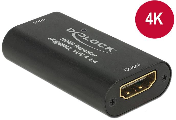 'Schwarzer Delock HDMI-ponavljač s 4K rezolucijom pri 60 Hz. Ulazni i izlazni priključci označeni. Crveni 4K simbol gore desno.'
