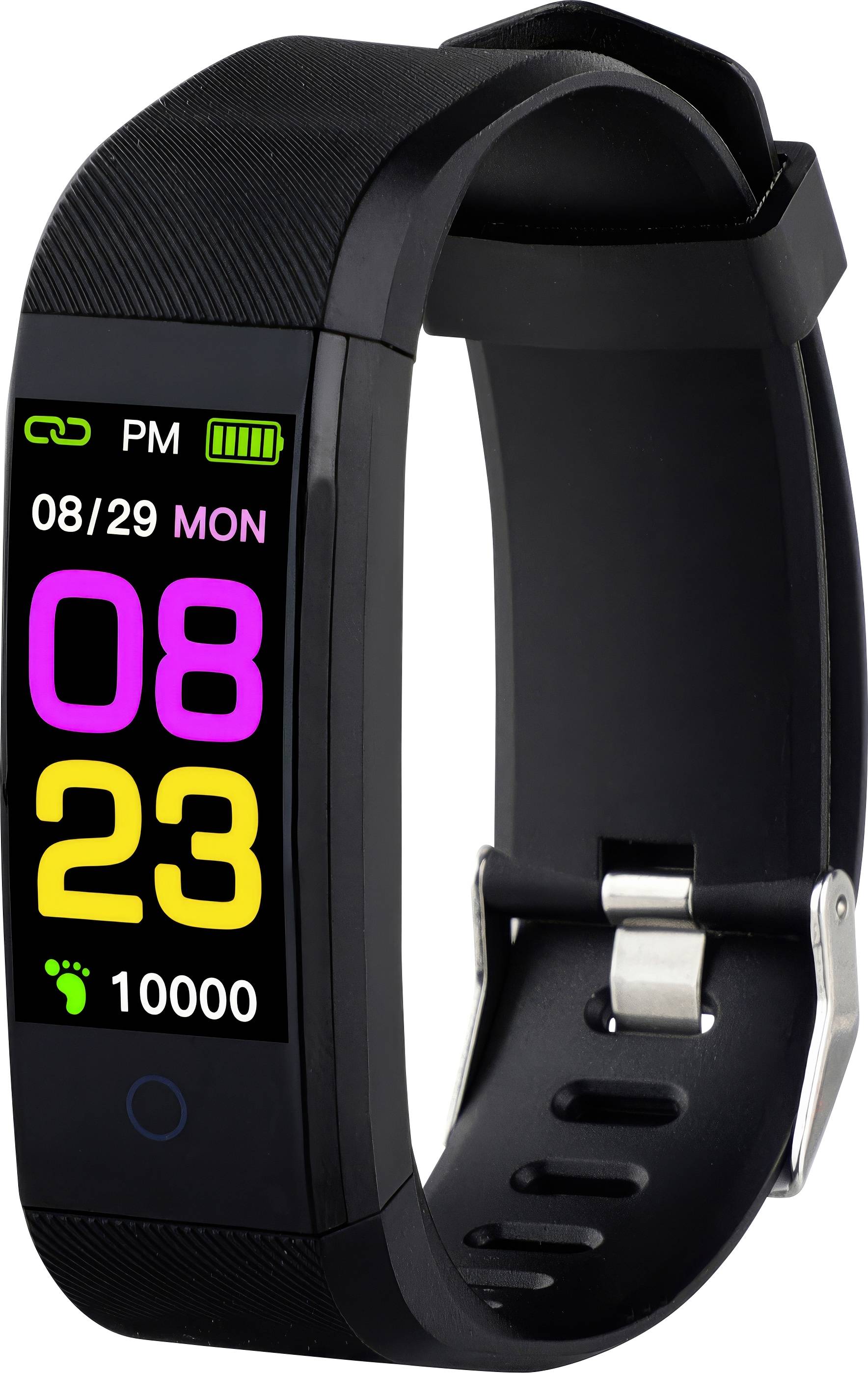 Crni fitness narukvica s digitalnim zaslonom prikazuje datum '08/29 PON', vrijeme '20:23' i korake '10000'.