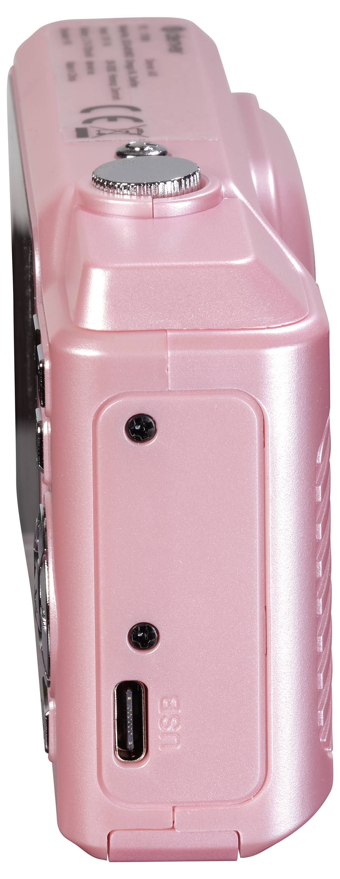 Ružičasti digitalni fotoaparat, pogled sa strane, s vidljivim kućištem fotoaparata, USB priključkom i dvije male rupe za pričvršćivanje ili senzore.