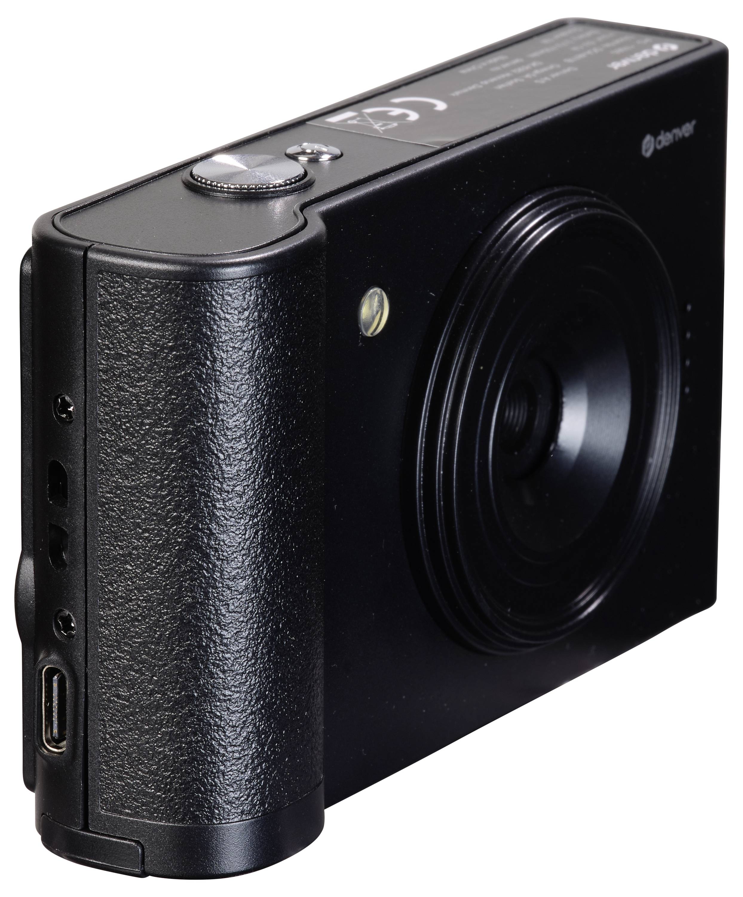 Crni digitalni fotoaparat s velikim objektivom u sredini i nekoliko kontrolnih tipki na vrhu.
