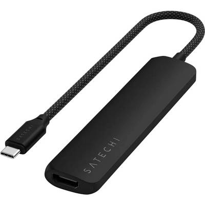 USB-C do HDMI adapter u crnoj boji, s dugačkim, teksturiranim kabelom. Na kućištu adaptera vidljiva je marka 'Satechi'.