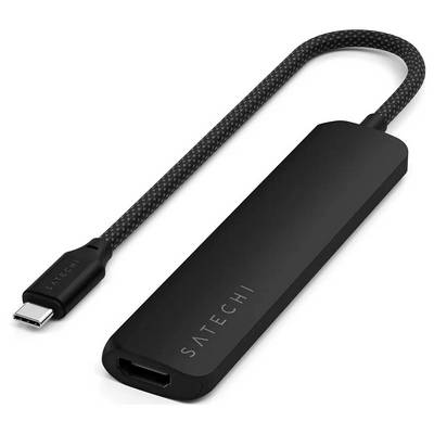 Crni USB-C adapter od Satechija s HDMI priključkom, spojen kratkim kabelom na uređaj.