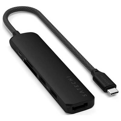 Crni USB-C hub s više priključaka, uključujući HDMI, USB-A i čitač kartica. Spojen kratkim kabelom.