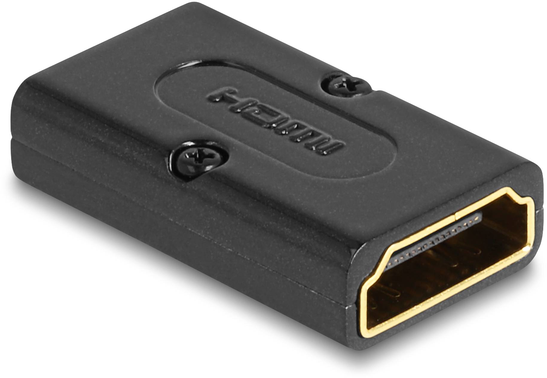 Crni HDMI adapter s dva priključka, pogodan za spajanje dva HDMI kabela za prijenos audio i video signala.