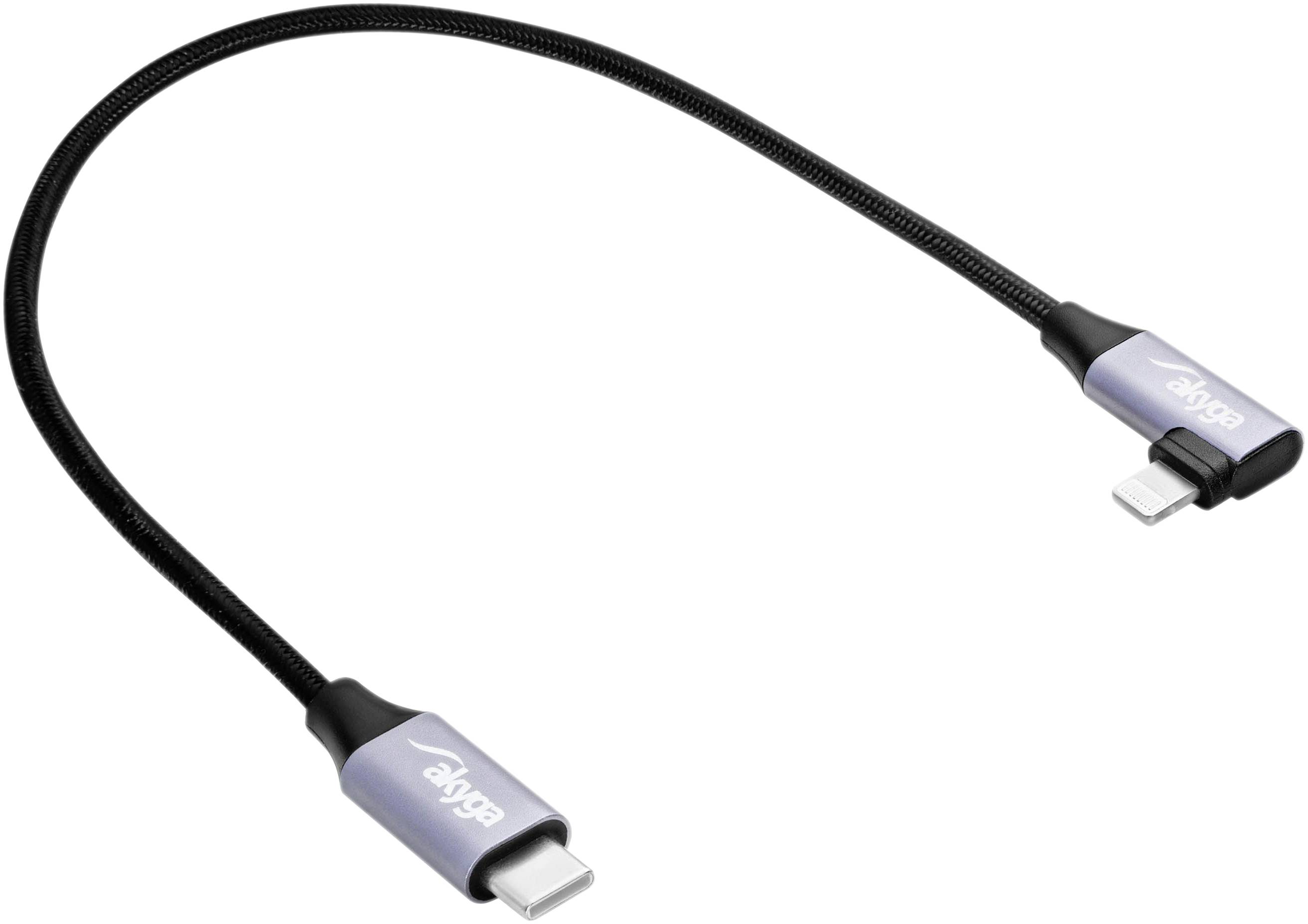 Akyga AK-USB-55 USB-kabel USB 2.0 USB-C stekker, Apple Lightning stekker 0.30 m Zwart Haakse kabeluitgang