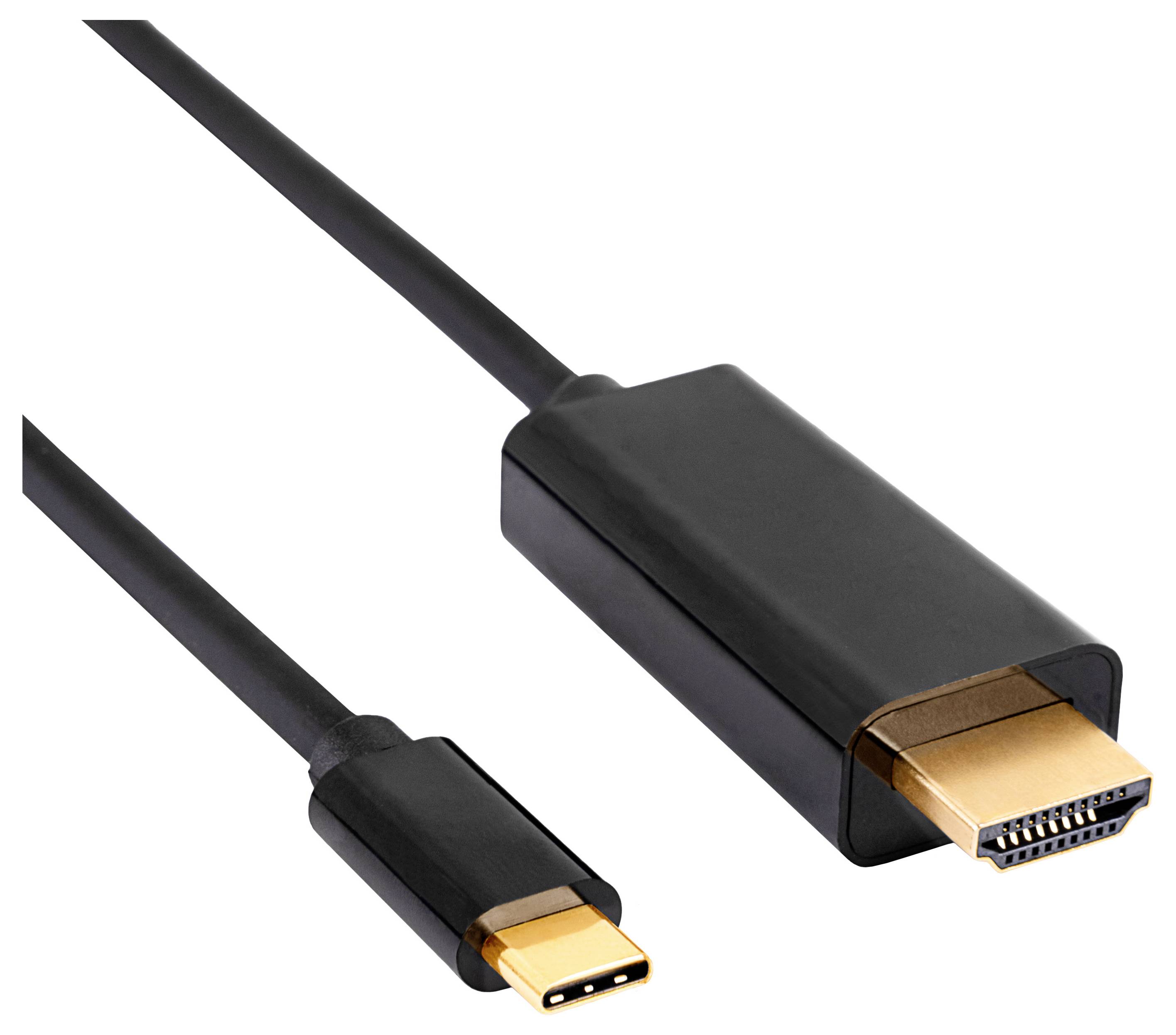 Crni kabel s USB-C utikačem s lijeve strane i HDMI utikačem s desne strane za povezivanje uređaja.