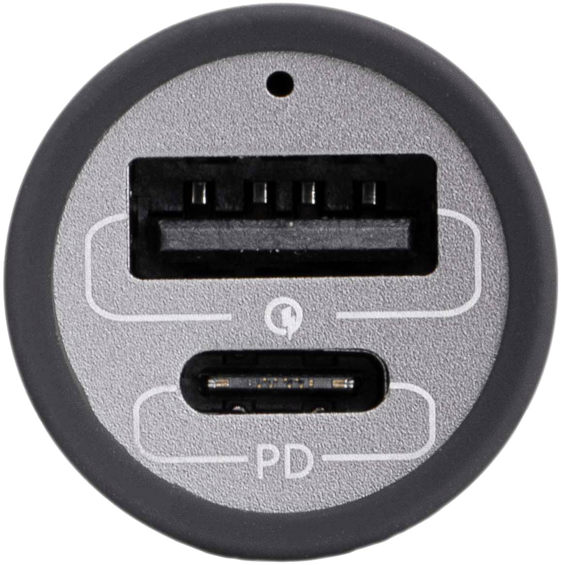 Okrugli priključak za punjenje s dva porta: gore USB-A, dolje USB-C s simbolom isporuke napajanja, pogodan za brzo punjenje.