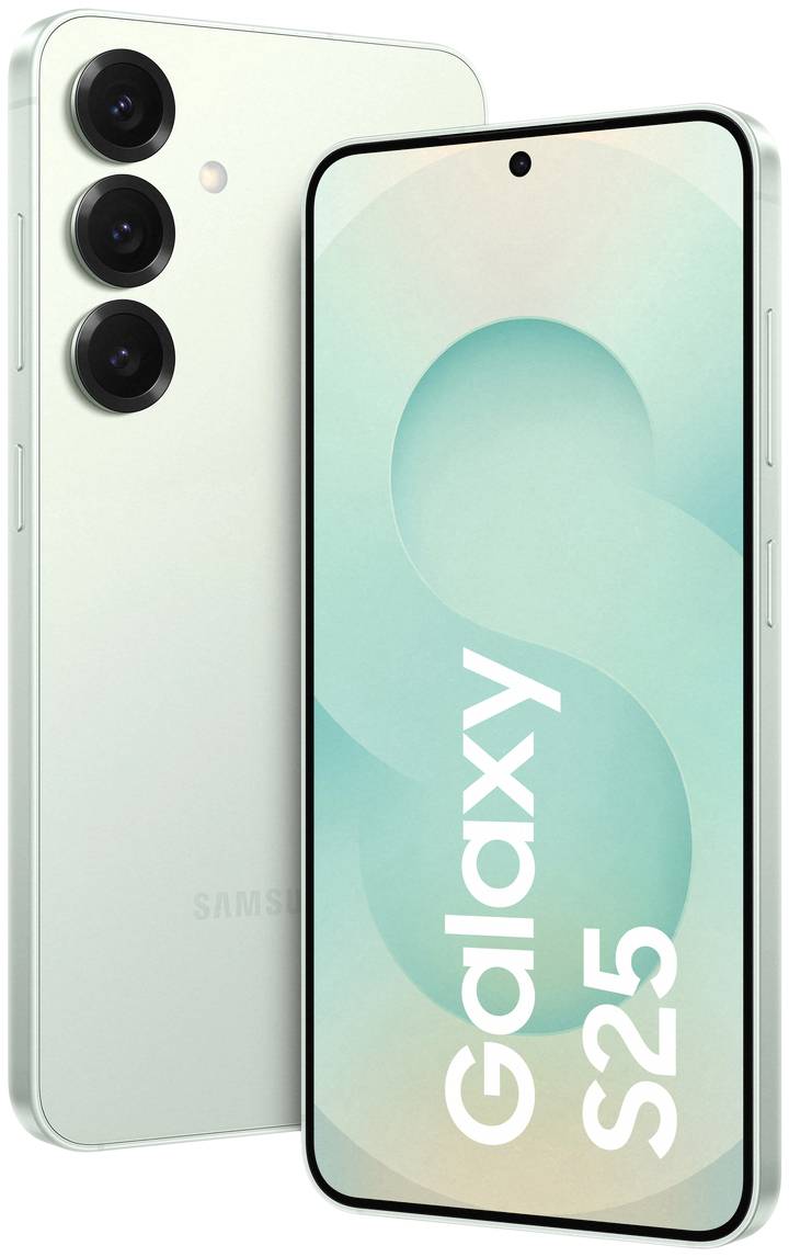 Mobitel s tri kamere na stražnjoj strani i zaslonom na prednjoj strani. Na zaslonu piše 'Galaxy S25'.