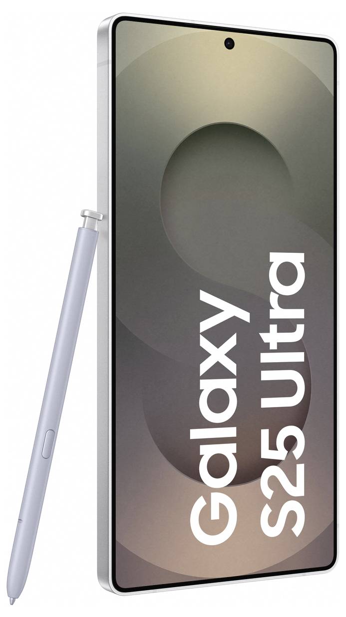 Pametni telefon Galaxy S25 Ultra, sive boje, s prikazom zaslona koji prikazuje 'Galaxy S25 Ultra'. Pokraj njega leži srebrni olovka.