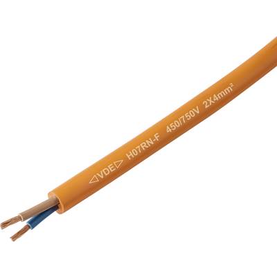Narančasti električni kabel oznake 'VDE H07RN-F 450/750V 2x4mm²', koji prikazuje dva izložena bakrena vodiča, jedan u smeđoj izolaciji i drugi u plavoj.