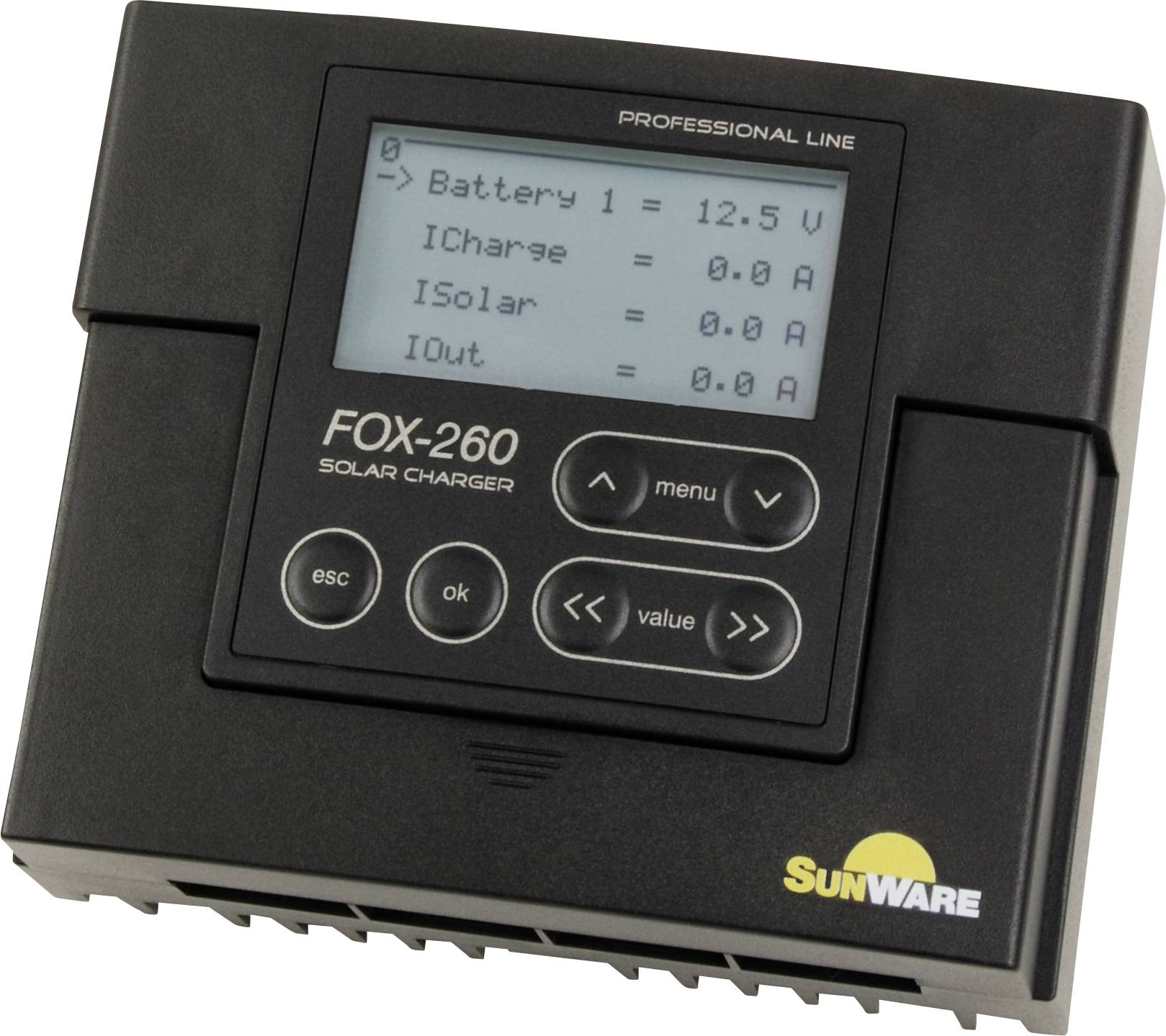 Crni digitalni punjač s zaslonom prikazuje 'Battery 1 = 12.5 V', pored ostalih vrijednosti: 'ICharge = 0.0 A', 'ISolar = 0.0 A', 'IOut = 0.0 A'. Označeno sa 'SUNWARE'.