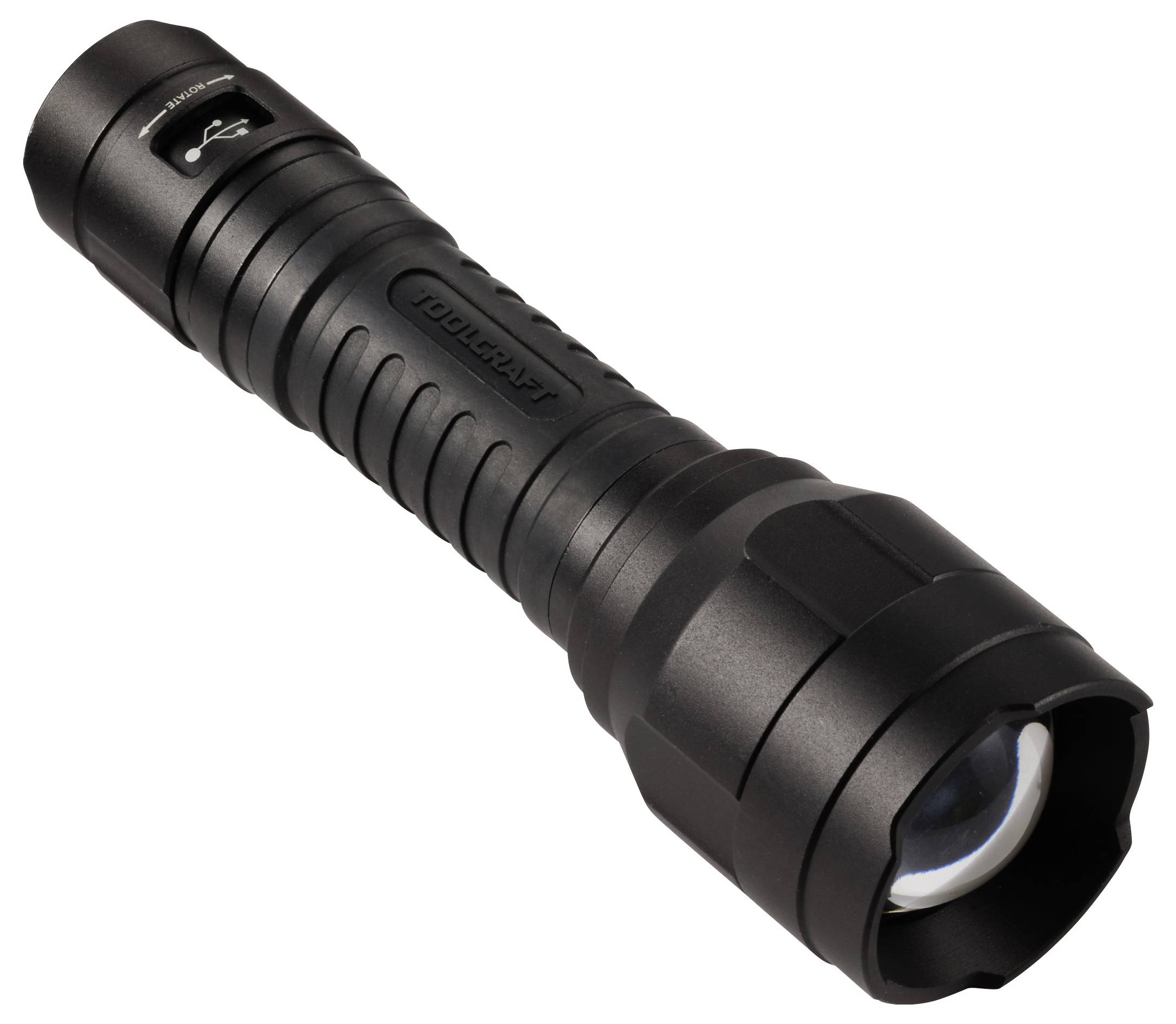 Crna LED ručna svjetiljka s rebrasto strukturiranom ručkom i širokom glavom za osvjetljavanje, pogodna za aktivnosti na otvorenom i hitne slučajeve.