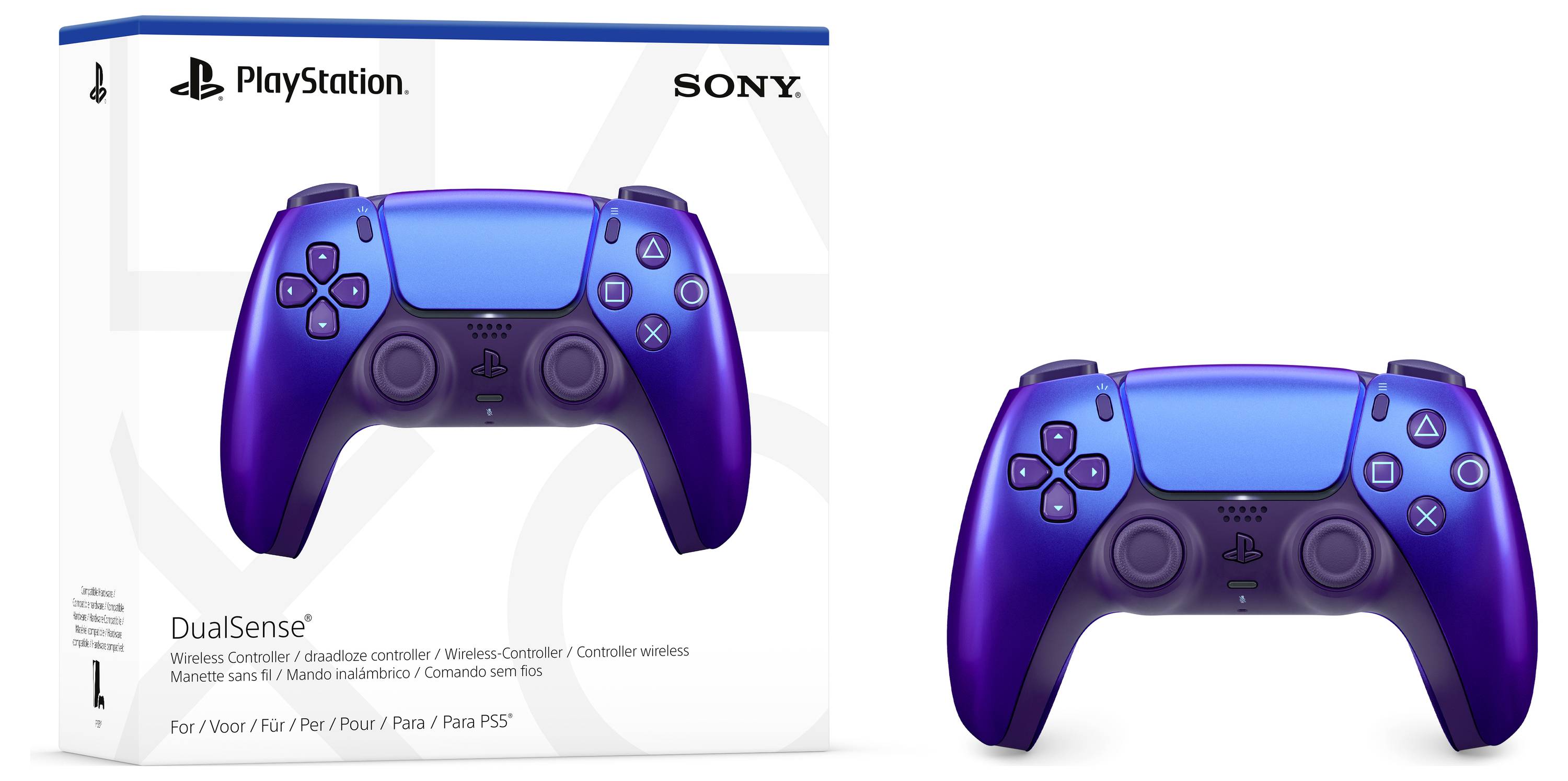 Plavi PlayStation kontroler marke Sony pored njegove ambalaže koja prikazuje sadržaj. Sadrži tekst 'DualSense bežični kontroler'.