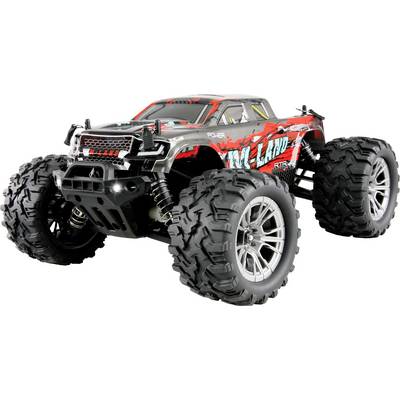 Daljinski upravljan automobil s velikim gumama i sportskim dizajnom. Lakirano je u crno-crvenoj boji i djeluje čvrsto za off-road teren.