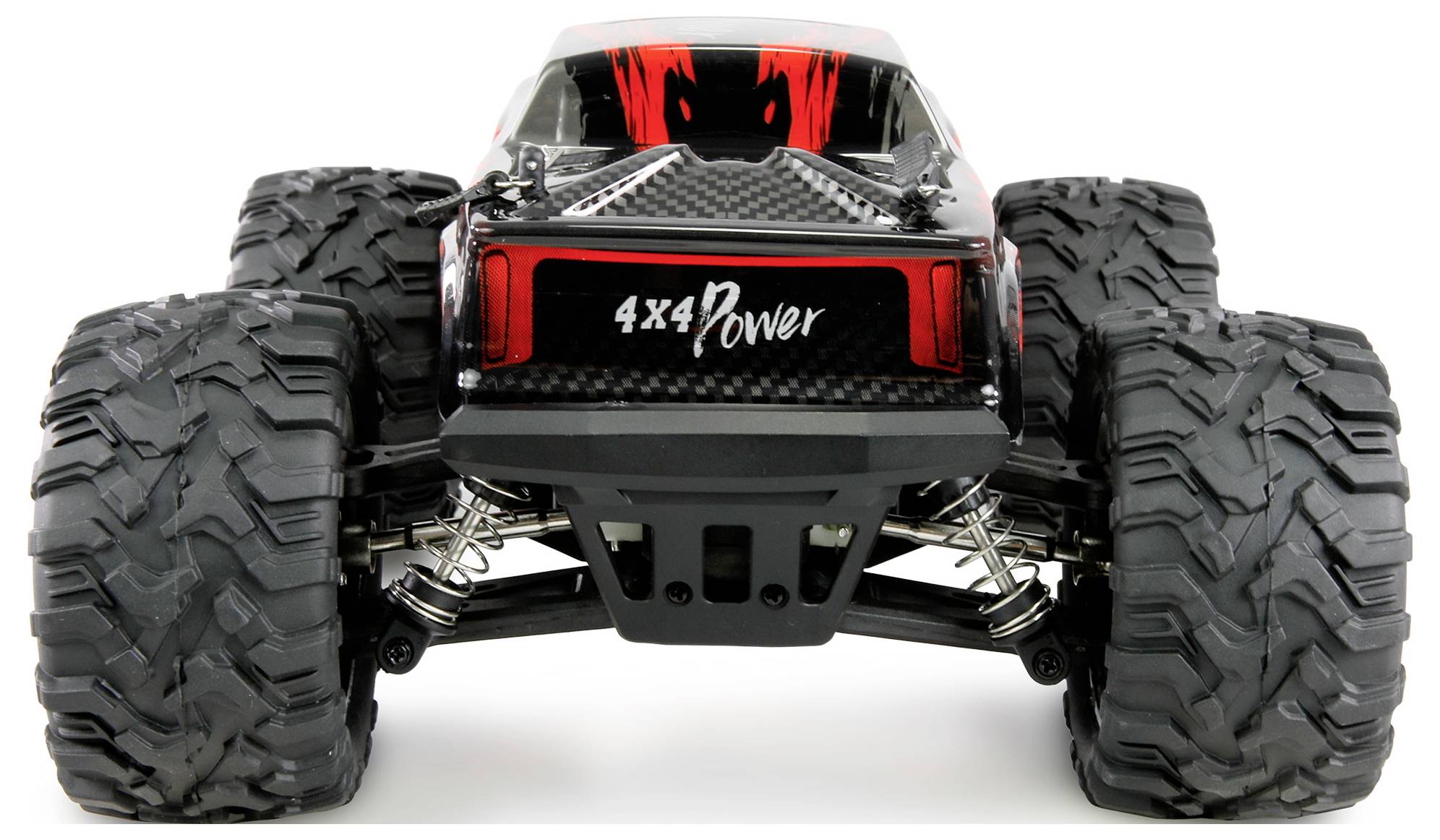 Daljinski upravljani automobil s velikim, robusnim gumama prikazan je straga. Na stražnjoj haubi piše '4x4 Power'.