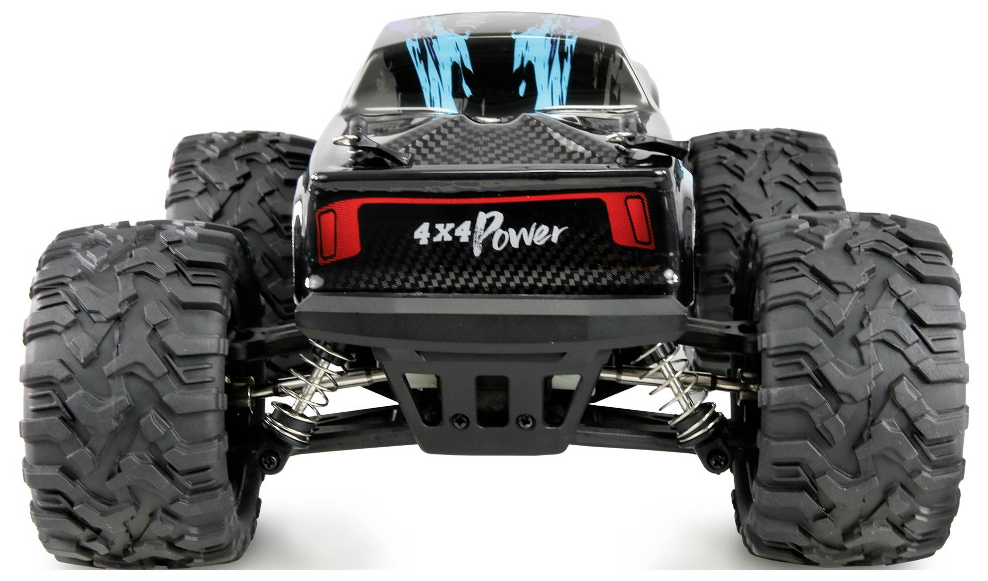 Daljinski upravljani automobil s velikim profiliranim gumama i natpisom '4x4 Power' na stražnjoj strani, prikazan iz prednje perspektive.