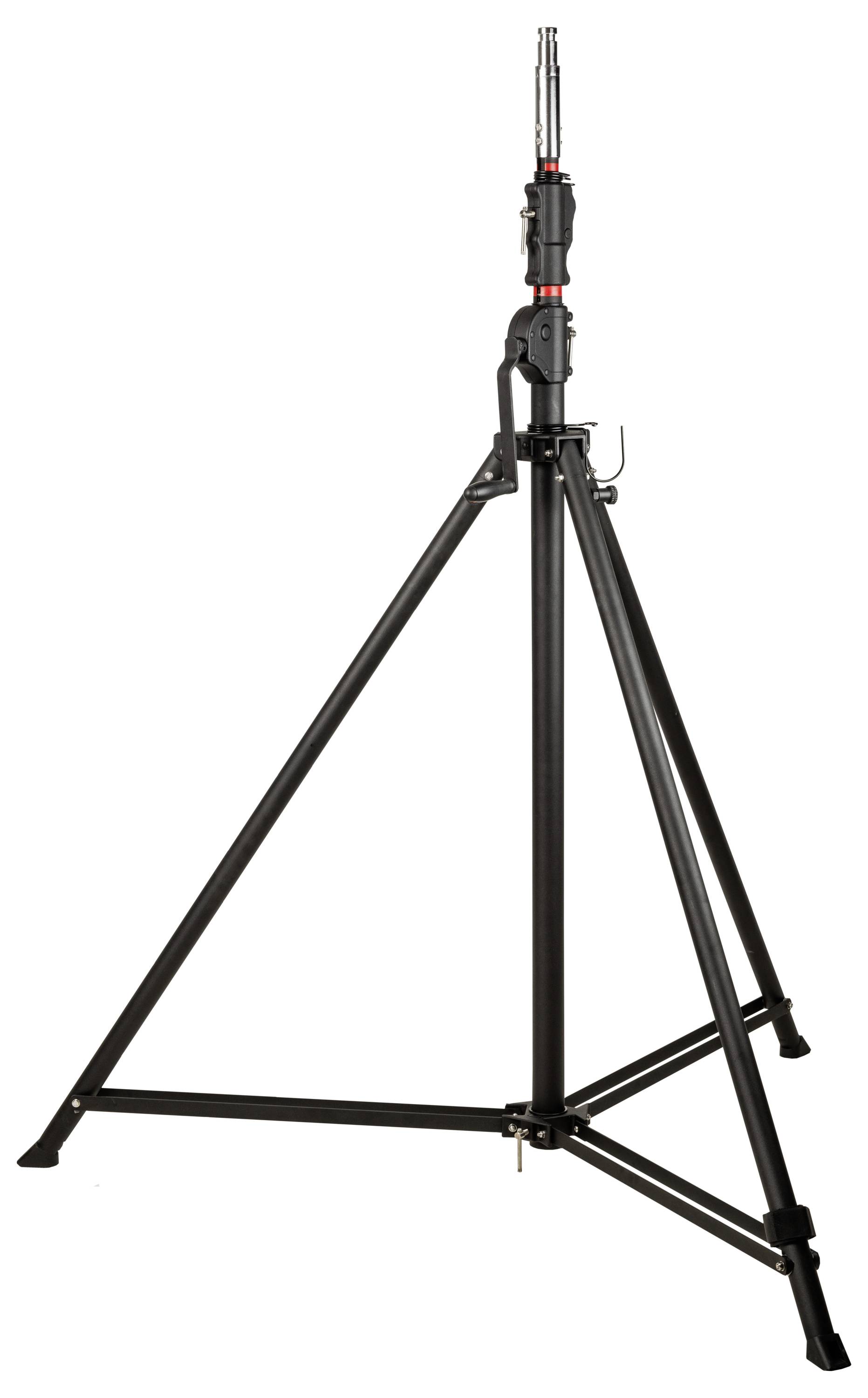 Crna fotografska stalak s tri noge i podesivom visinom, pogodan za kamere ili rasvjetu u studijskim snimanjima.