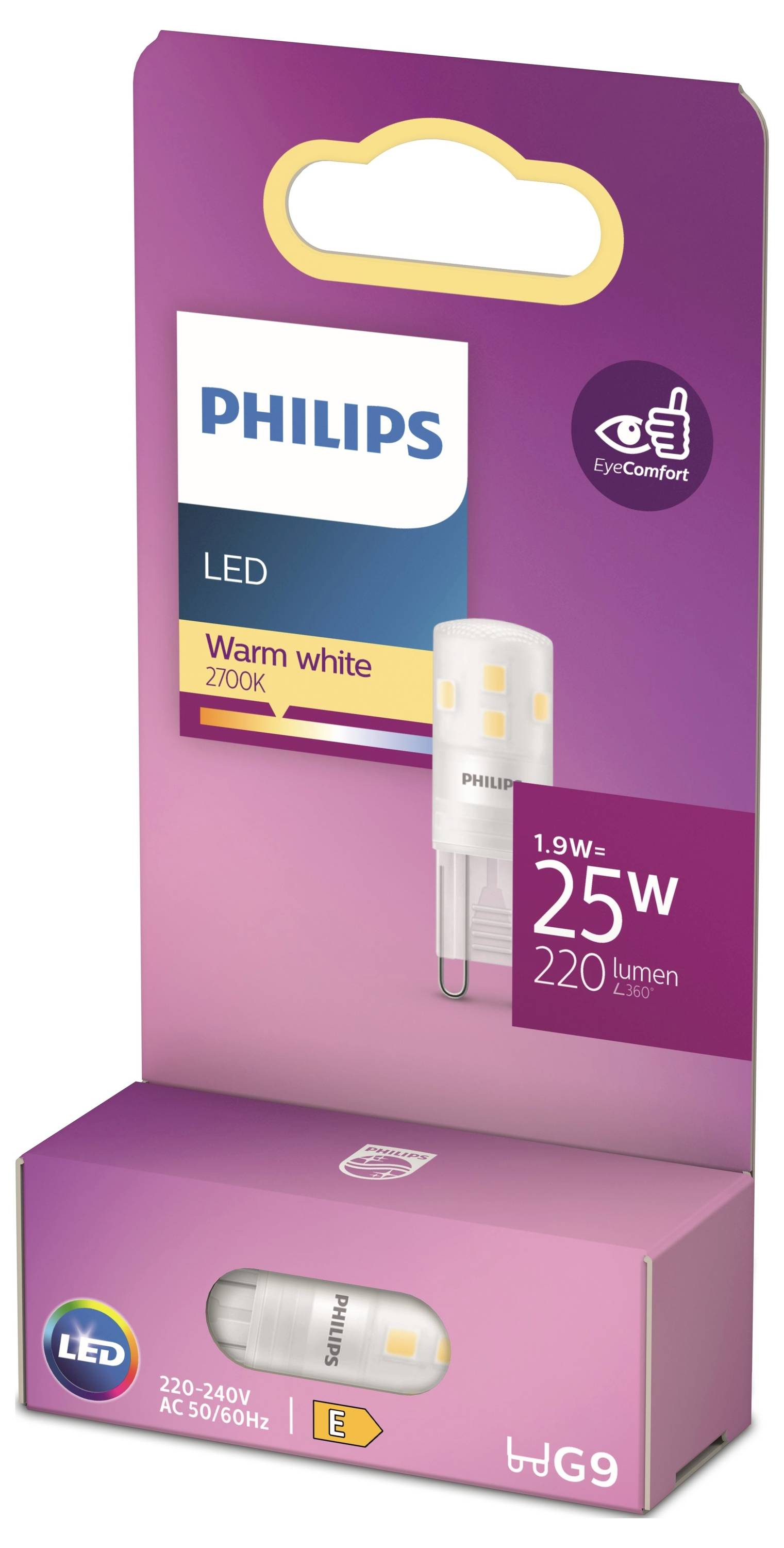 Pakiranja Philips LED žarulje od 1,9 W, zamjena za 25 W, 220 lumena, toplo bijelo svjetlo 2700K, energetski razred E.