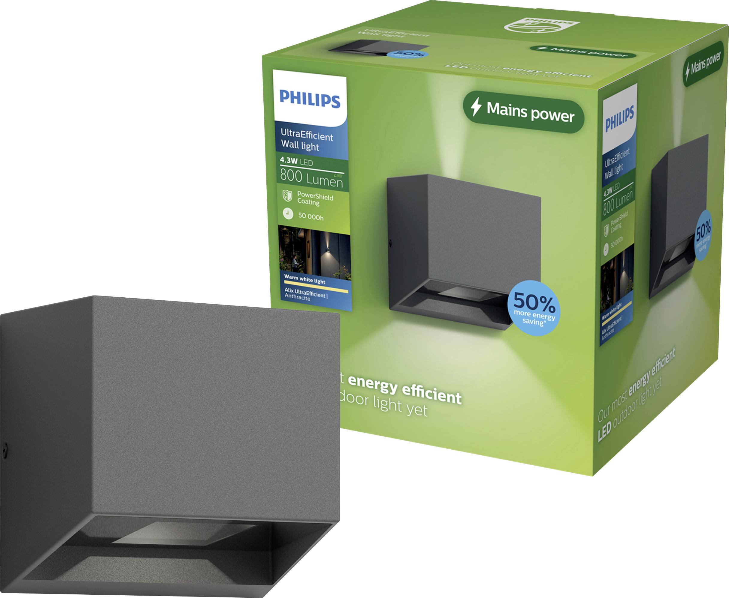 Ambalažu Philips UltraEfficient zidnog svjetla i sive vanjskogzidne svjetiljke, sa prikazom mrežom napajane LED lampe sa tvrdnjom o 50% uštedom energije.