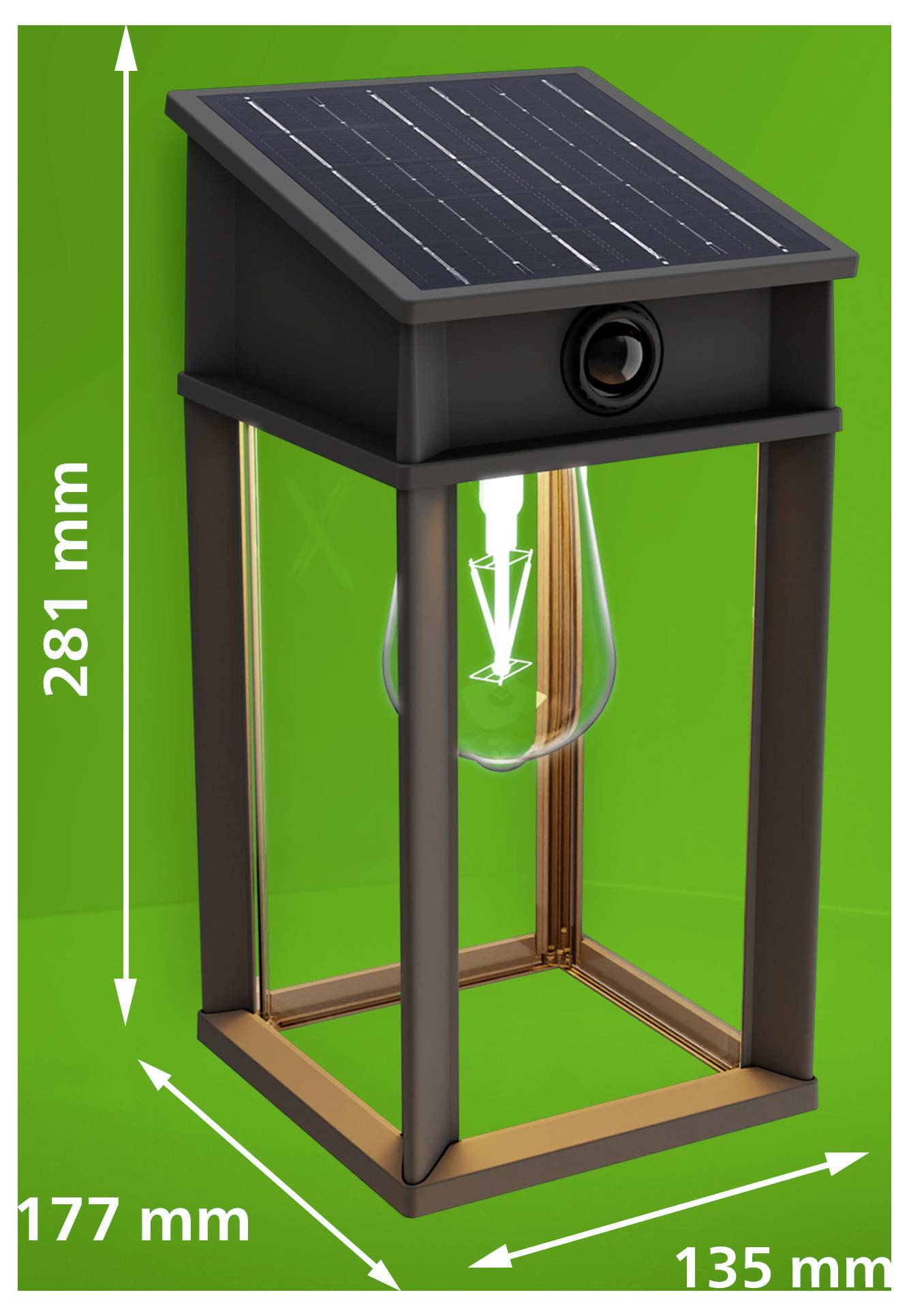 Solarno napajana vanjska naprava u crnoj kućištu u stilu fenjera s prednjom kamerom, prikazana s dimenzijama od 281 mm visine, 177 mm dubine i 135 mm širine.